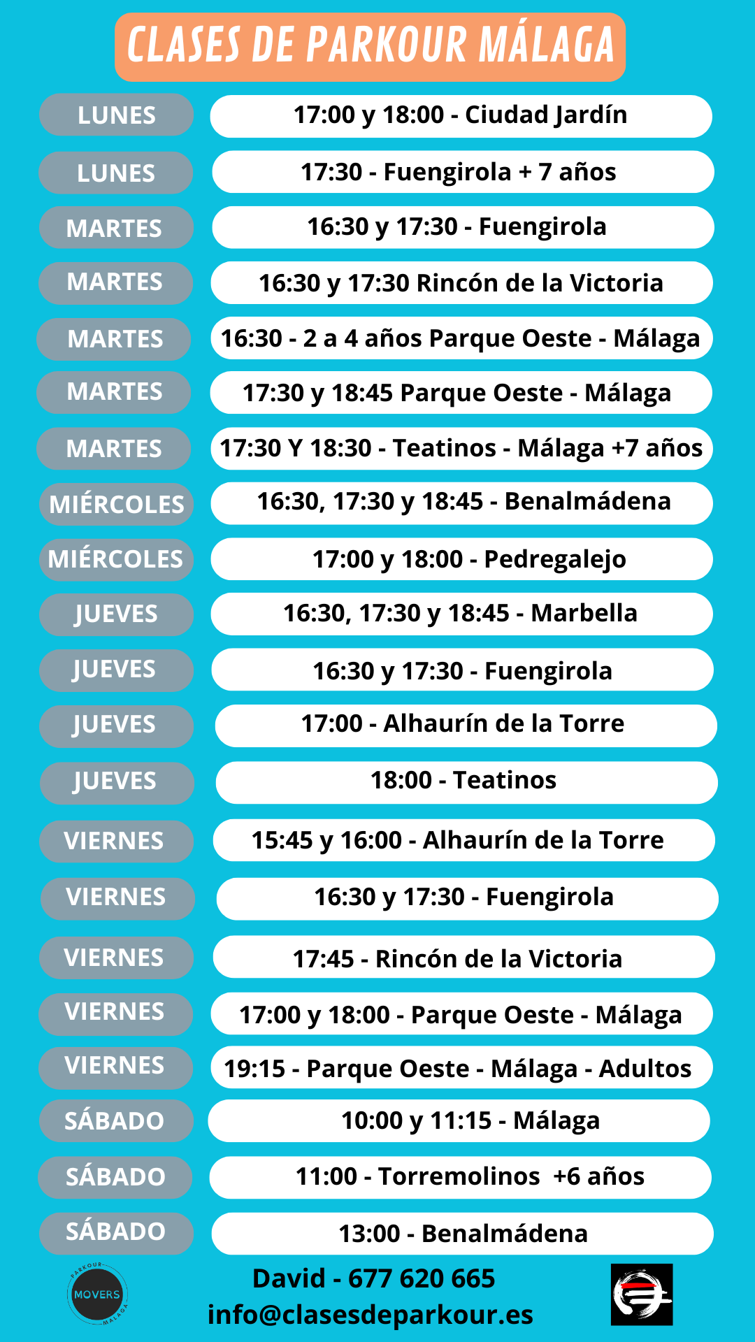 horario clases de parkour malaga abril 2026